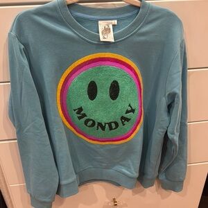 Blue and Green Crew Neck Sweater with Smiley Graphic